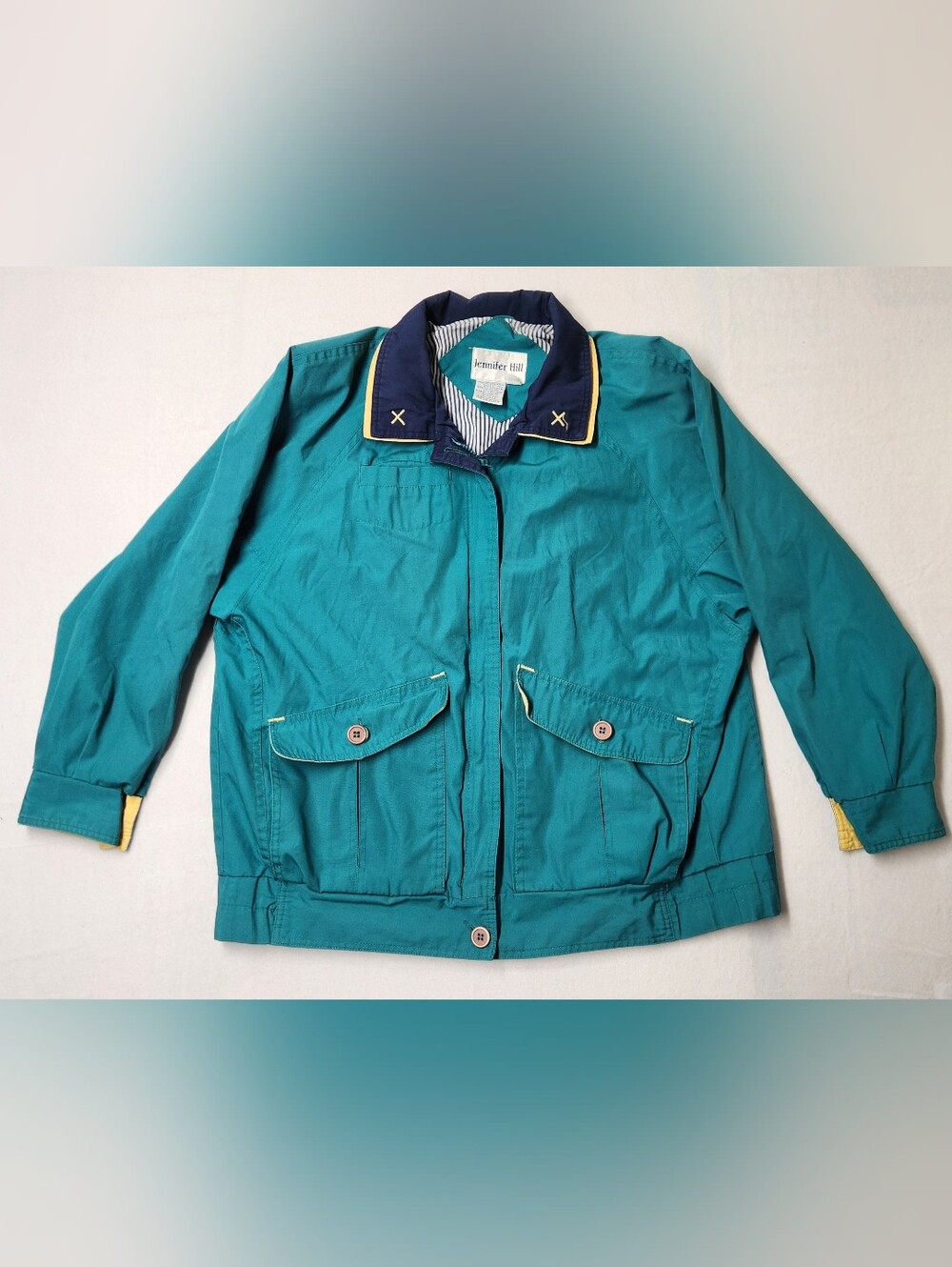 Jennifer Hill Vintage Teal Utility Jacket 90s Preppy Coastal Colorblock Coat M